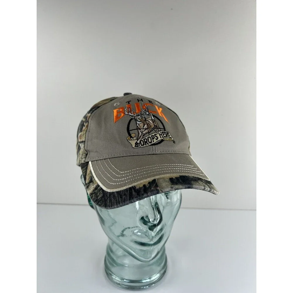 The Buck Drops Here Hunters Baseball Hat Ball Cap Camo Outdoors Man Embroidered